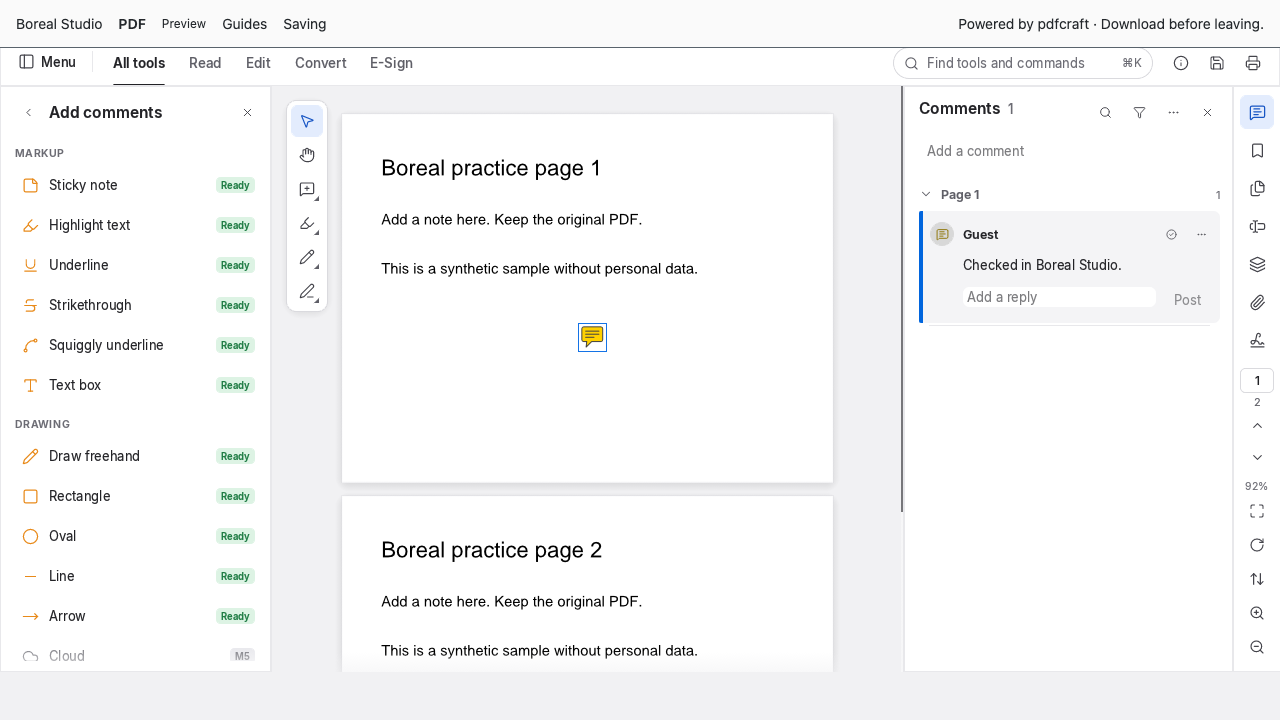 Sticky note editor on page 1 with an Add a comment field and Post button