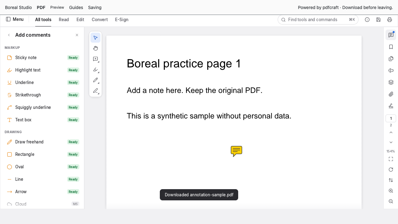 Downloaded PDF reopened with both pages and the Checked in Boreal Studio comment