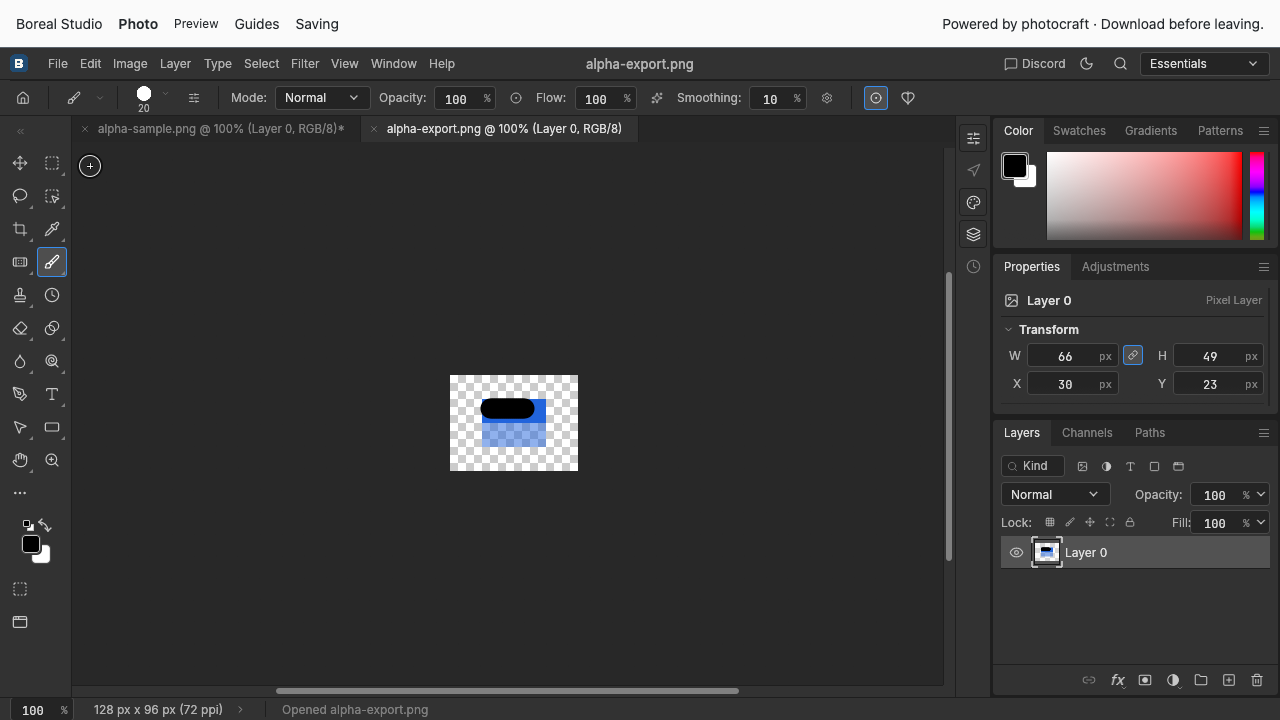The downloaded PNG reopened with the black edit, checkerboard corners and translucent lower rectangle