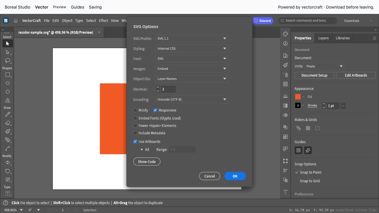 SVG Options dialog with SVG 1.1, Internal CSS and Use Artboards selected