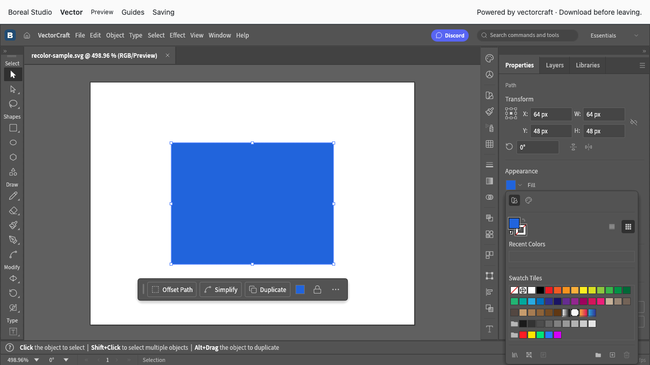 Selected blue rectangle and Fill swatch popup containing preset color tiles