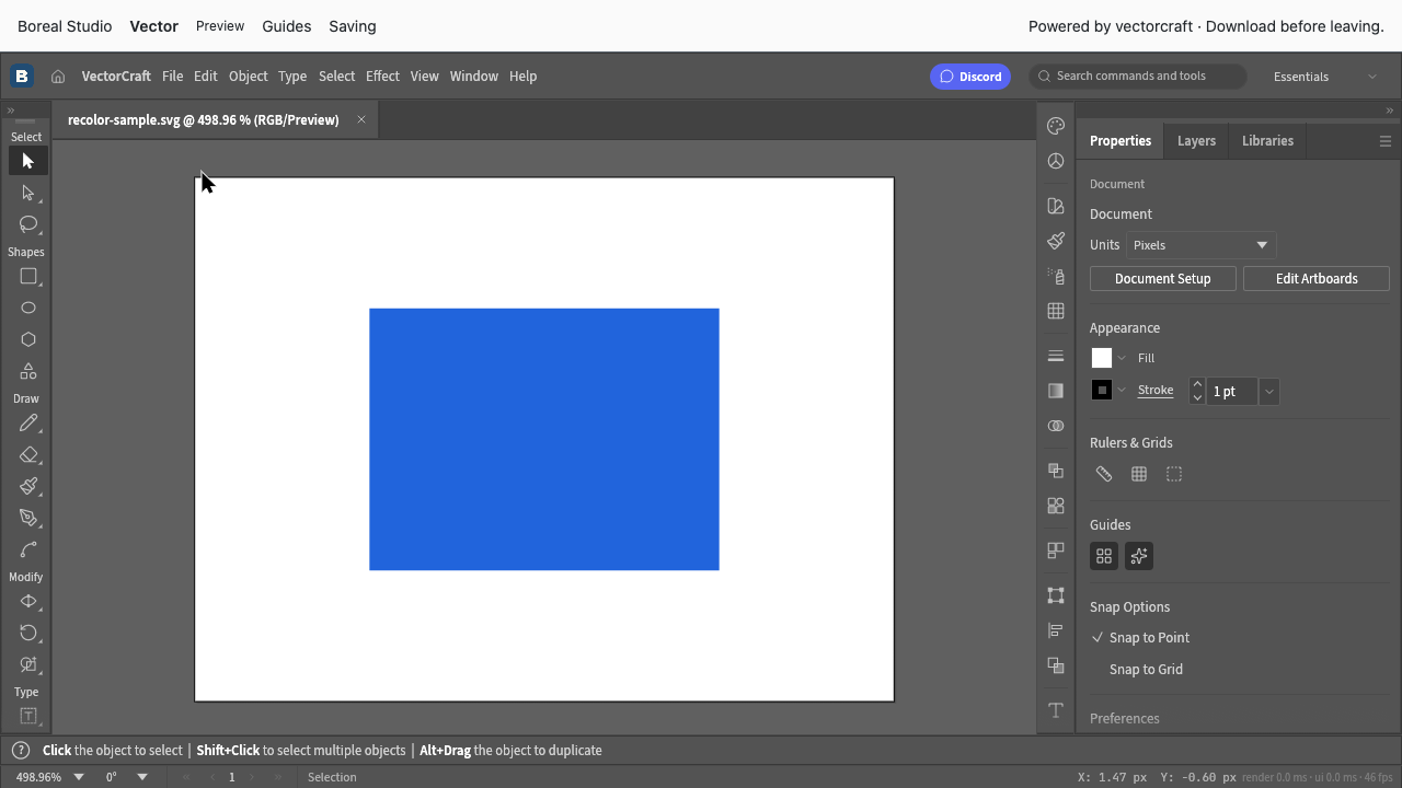 The blue SVG rectangle opened in the actual Vector editor